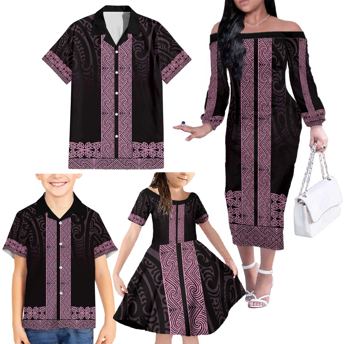 New Zealand Maori Kowhaiwhai Family Matching Off The Shoulder Long Sleeve Dress and Hawaiian Shirt Mawhero Maui and Mangopare LT9 - Polynesian Pride