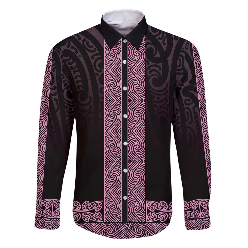 New Zealand Maori Kowhaiwhai Family Matching Off Shoulder Maxi Dress and Hawaiian Shirt Mawhero Maui and Mangopare LT9 Dad's Shirt - Long Sleeve Pink - Polynesian Pride
