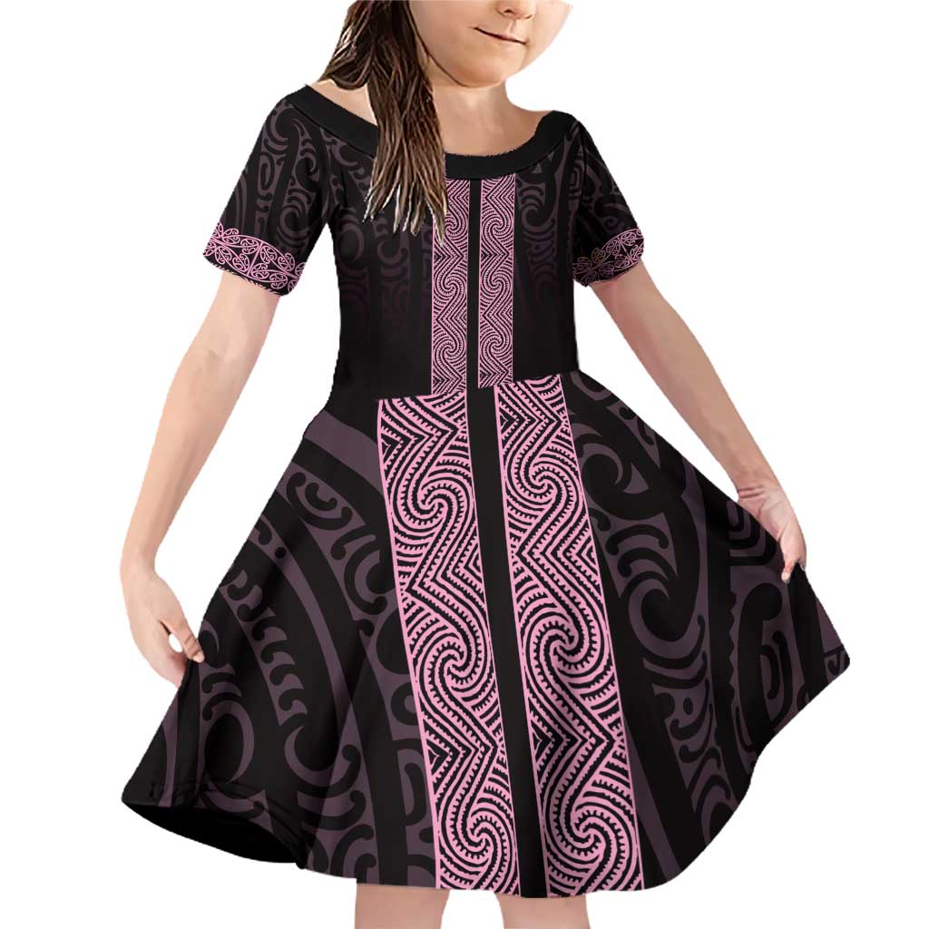 New Zealand Maori Kowhaiwhai Family Matching Off Shoulder Short Dress and Hawaiian Shirt Mawhero Maui and Mangopare LT9 Daughter's Dress Pink - Polynesian Pride