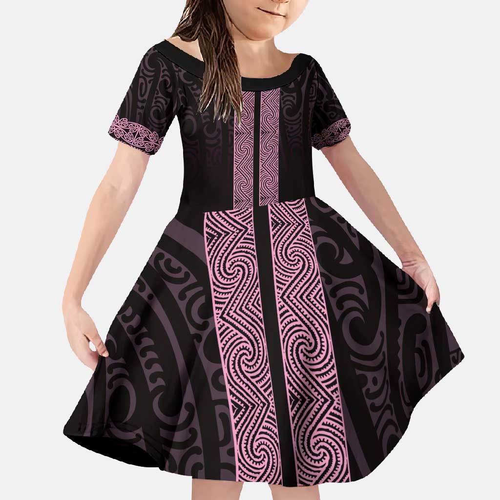 New Zealand Maori Kowhaiwhai Family Matching Tank Maxi Dress and Hawaiian Shirt Mawhero Maui and Mangopare LT9 Daughter's Dress Pink - Polynesian Pride