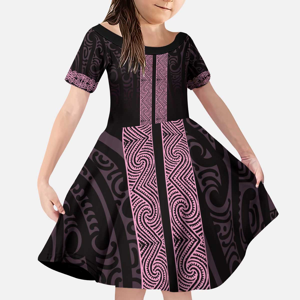 New Zealand Maori Kowhaiwhai Kid Short Sleeve Dress Mawhero Maui and Mangopare LT9 KID Pink - Polynesian Pride
