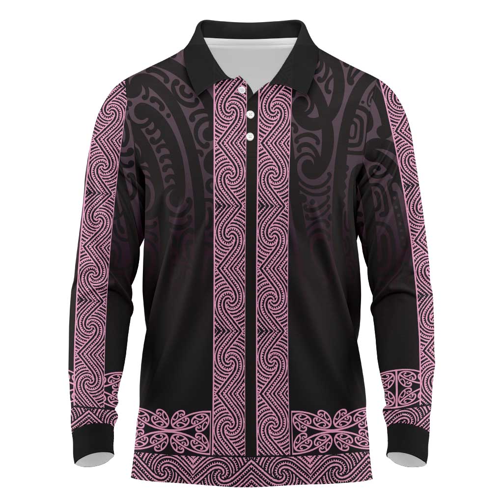 New Zealand Maori Kowhaiwhai Long Sleeve Polo Shirt Mawhero Maui and Mangopare LT9 Pink - Polynesian Pride