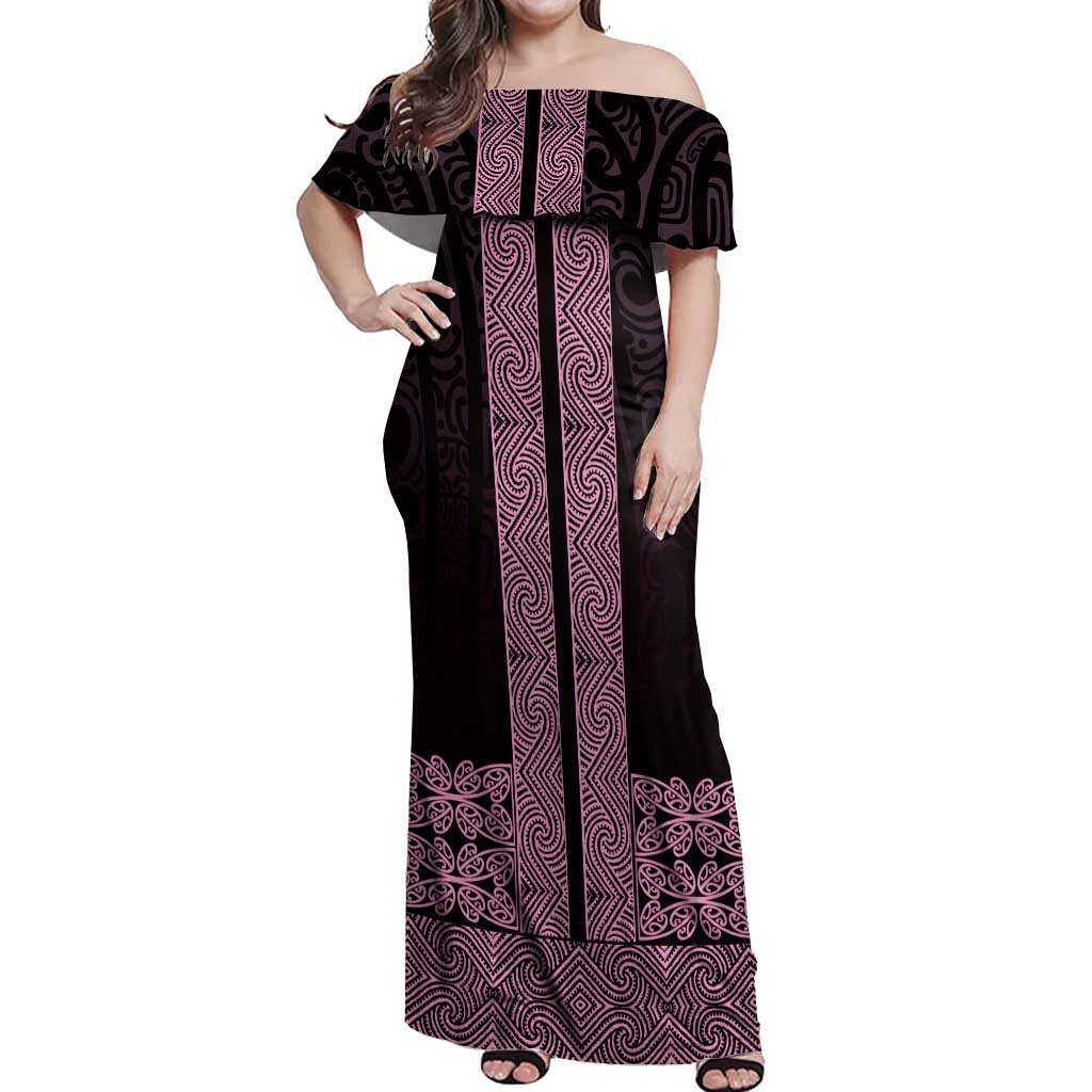 New Zealand Maori Kowhaiwhai Off Shoulder Maxi Dress Mawhero Maui and Mangopare LT9 Women Pink - Polynesian Pride