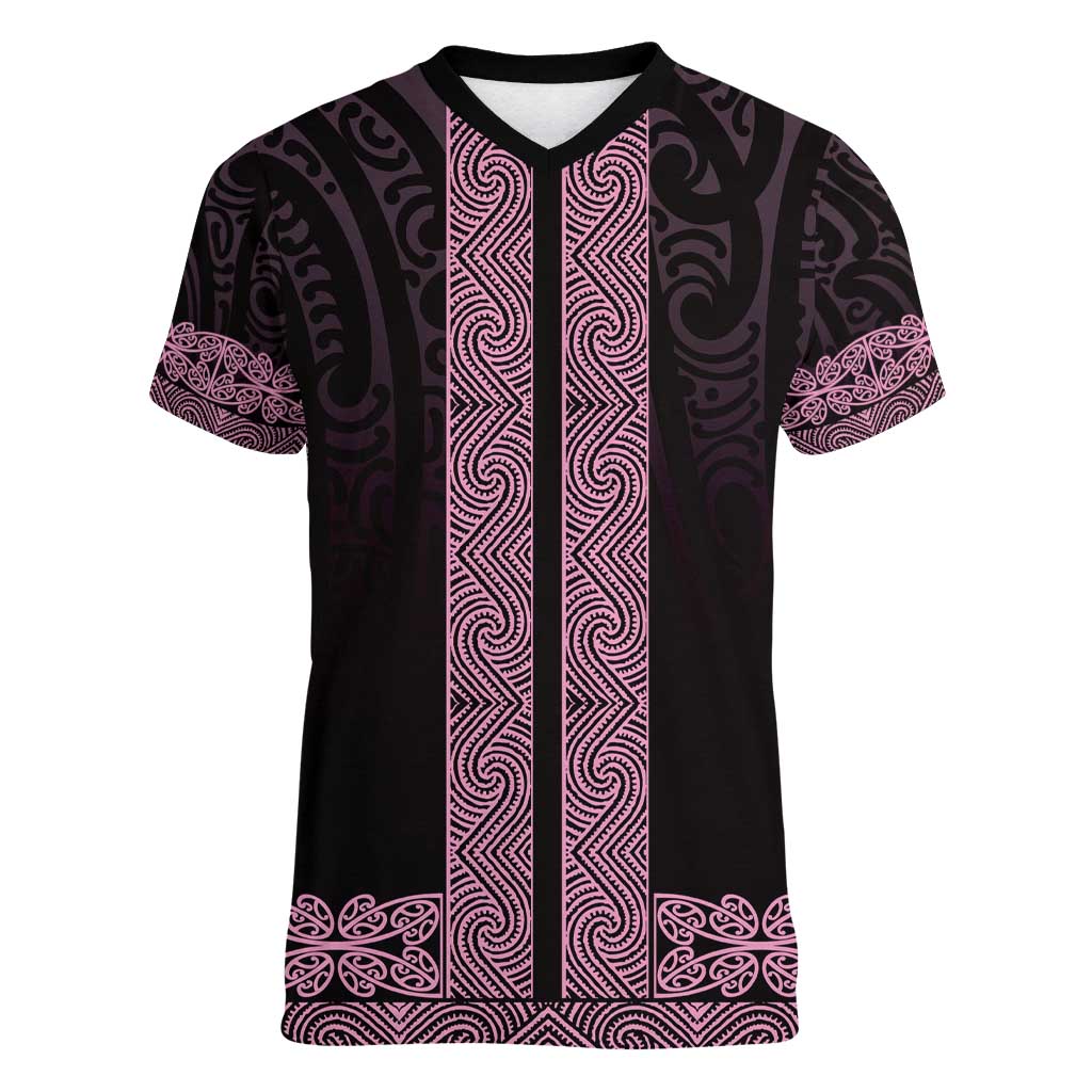 New Zealand Maori Kowhaiwhai Women V-Neck T-Shirt Mawhero Maui and Mangopare LT9 Female Pink - Polynesian Pride
