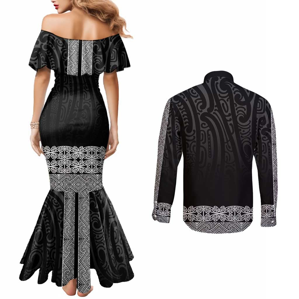 New Zealand Maori Kowhaiwhai Couples Matching Mermaid Dress and Long Sleeve Button Shirt Pango Maui and Mangopare LT9 - Polynesian Pride
