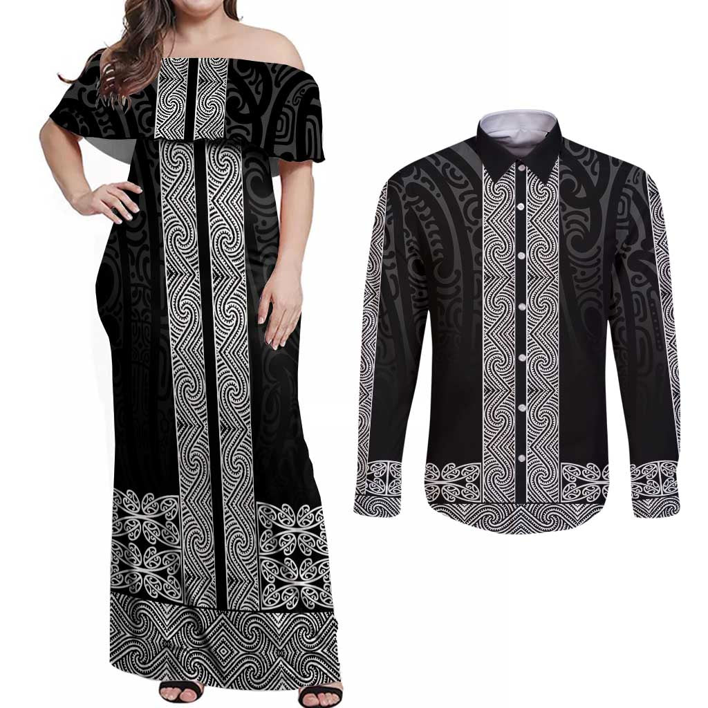 New Zealand Maori Kowhaiwhai Couples Matching Off Shoulder Maxi Dress and Long Sleeve Button Shirt Pango Maui and Mangopare LT9 Black - Polynesian Pride