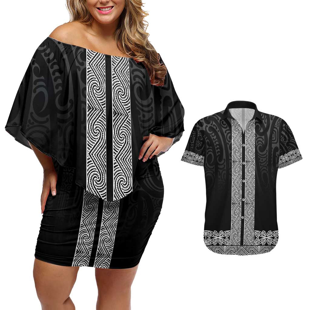 New Zealand Maori Kowhaiwhai Couples Matching Off Shoulder Short Dress and Hawaiian Shirt Pango Maui and Mangopare LT9 Black - Polynesian Pride