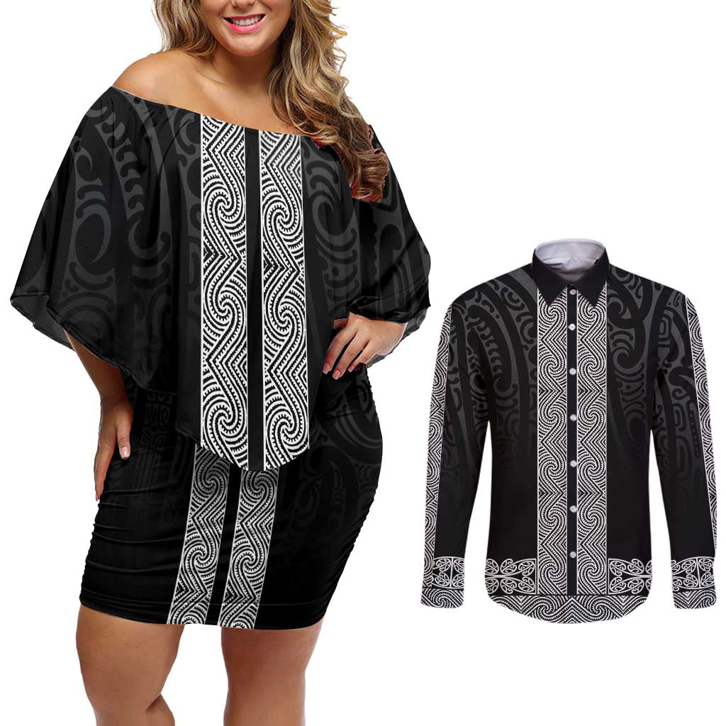 New Zealand Maori Kowhaiwhai Couples Matching Off Shoulder Short Dress and Long Sleeve Button Shirt Pango Maui and Mangopare LT9 Black - Polynesian Pride