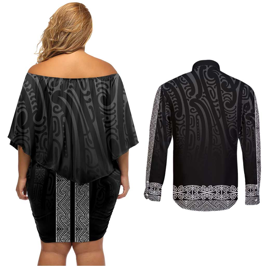 New Zealand Maori Kowhaiwhai Couples Matching Off Shoulder Short Dress and Long Sleeve Button Shirt Pango Maui and Mangopare LT9 - Polynesian Pride
