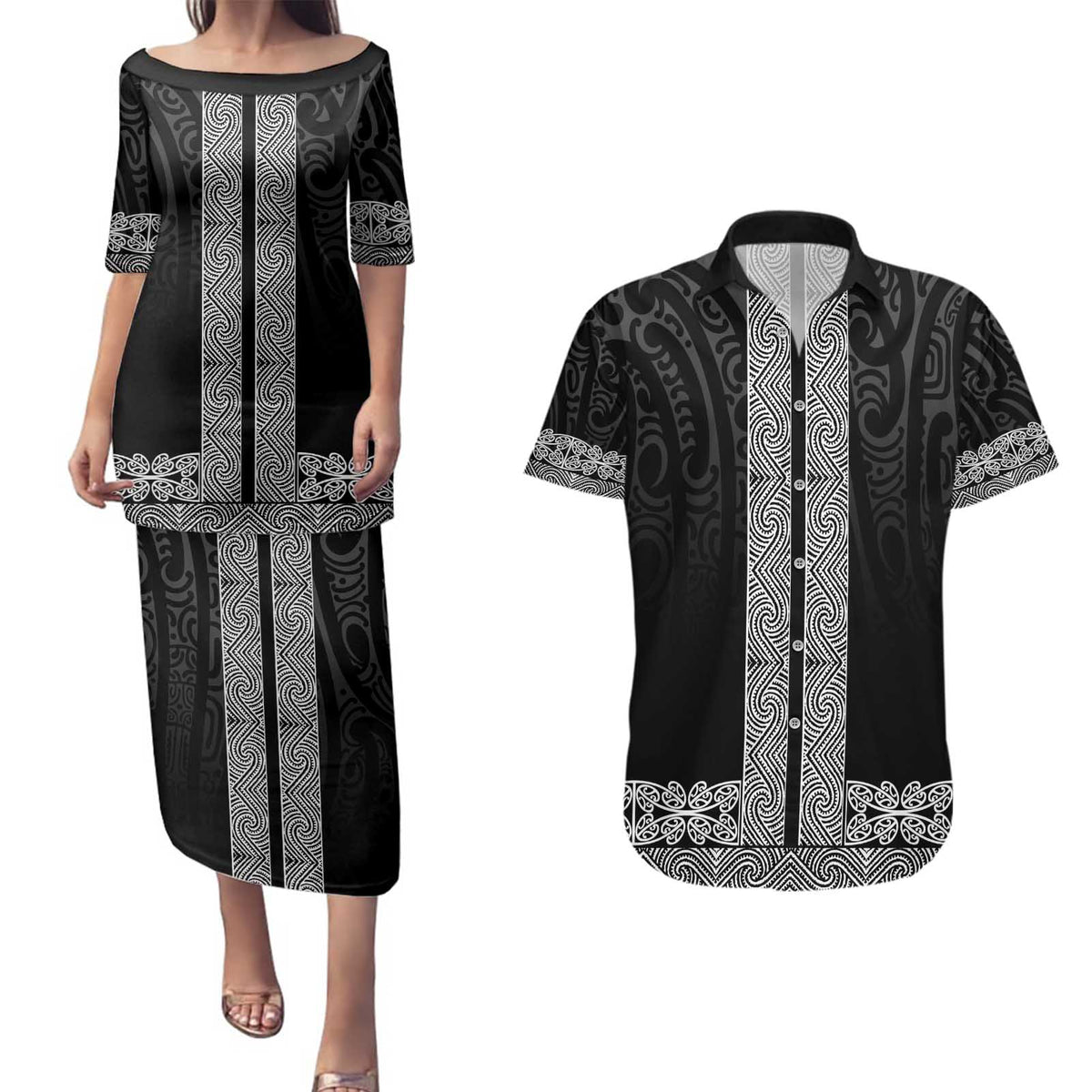 New Zealand Maori Kowhaiwhai Couples Matching Puletasi and Hawaiian Shirt Pango Maui and Mangopare LT9 Black - Polynesian Pride