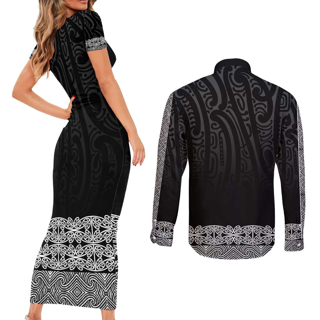 New Zealand Maori Kowhaiwhai Couples Matching Short Sleeve Bodycon Dress and Long Sleeve Button Shirt Pango Maui and Mangopare LT9 - Polynesian Pride