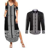 New Zealand Maori Kowhaiwhai Couples Matching Summer Maxi Dress and Long Sleeve Button Shirt Pango Maui and Mangopare LT9 Black - Polynesian Pride