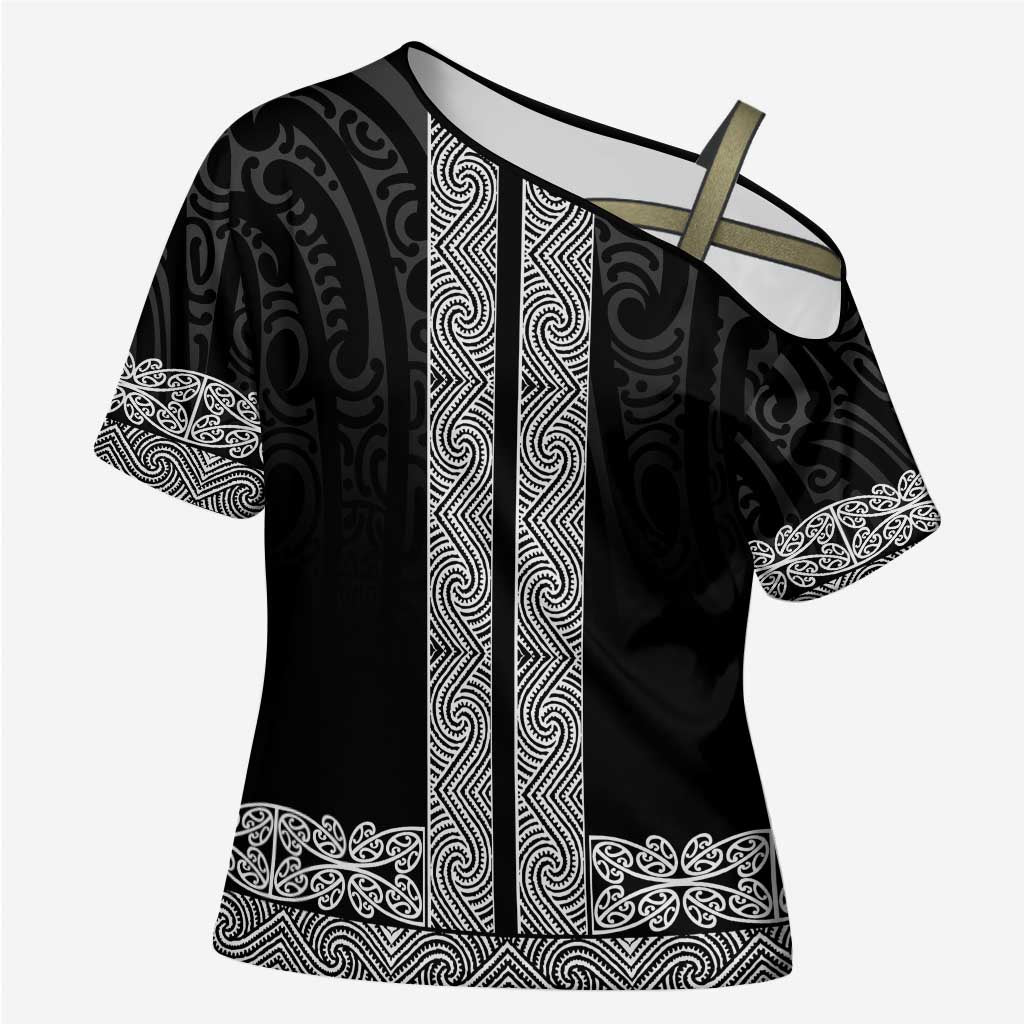 New Zealand Maori Kowhaiwhai Cross Shoulder Shirt Pango Maui and Mangopare LT9 Female Black - Polynesian Pride