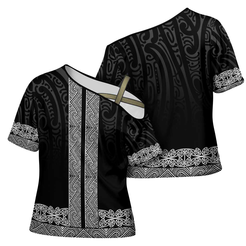 New Zealand Maori Kowhaiwhai Cross Shoulder Shirt Pango Maui and Mangopare LT9 - Polynesian Pride