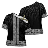 New Zealand Maori Kowhaiwhai Cross Shoulder Shirt Pango Maui and Mangopare LT9 - Polynesian Pride