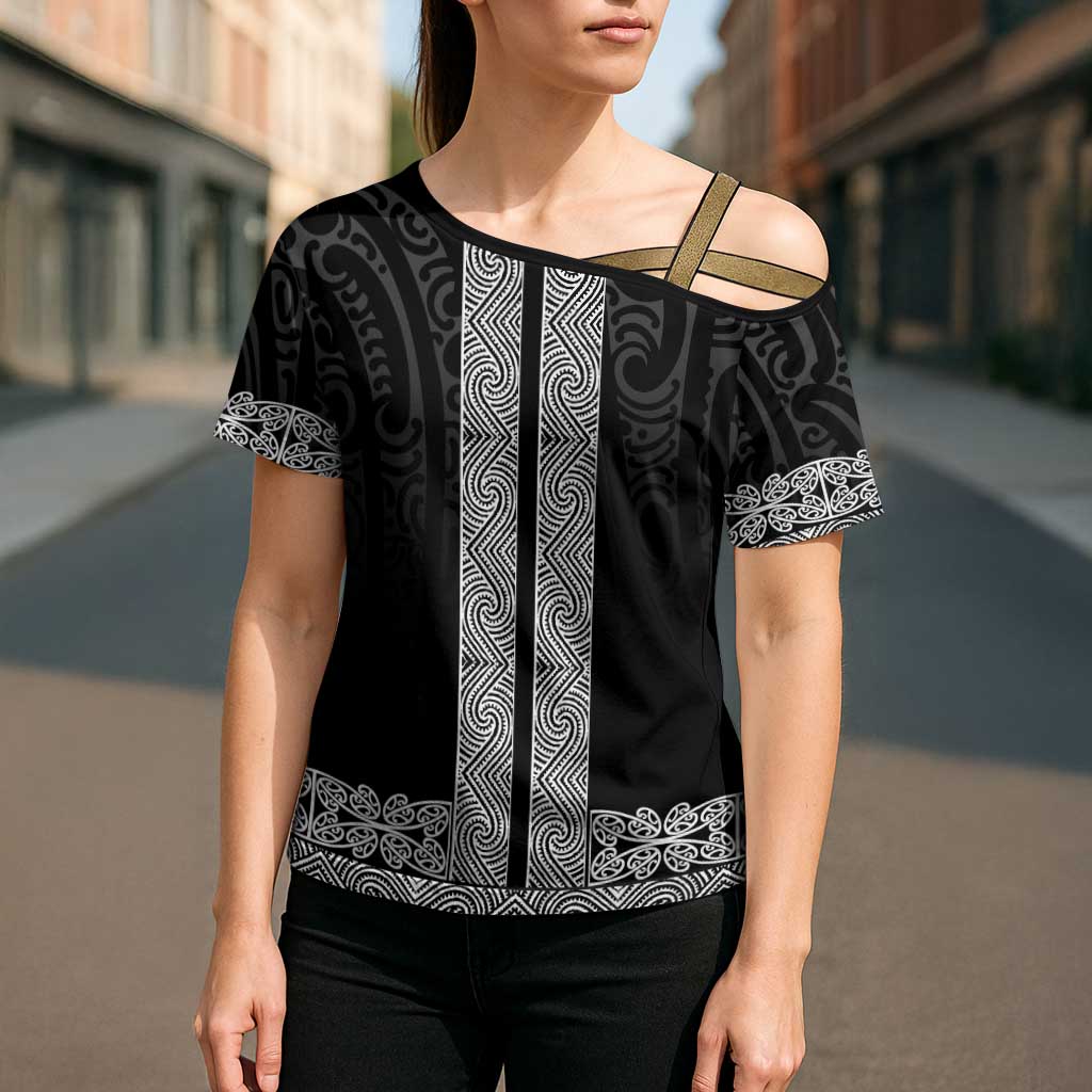 New Zealand Maori Kowhaiwhai Cross Shoulder Shirt Pango Maui and Mangopare LT9 - Polynesian Pride