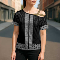 New Zealand Maori Kowhaiwhai Cross Shoulder Shirt Pango Maui and Mangopare LT9 - Polynesian Pride