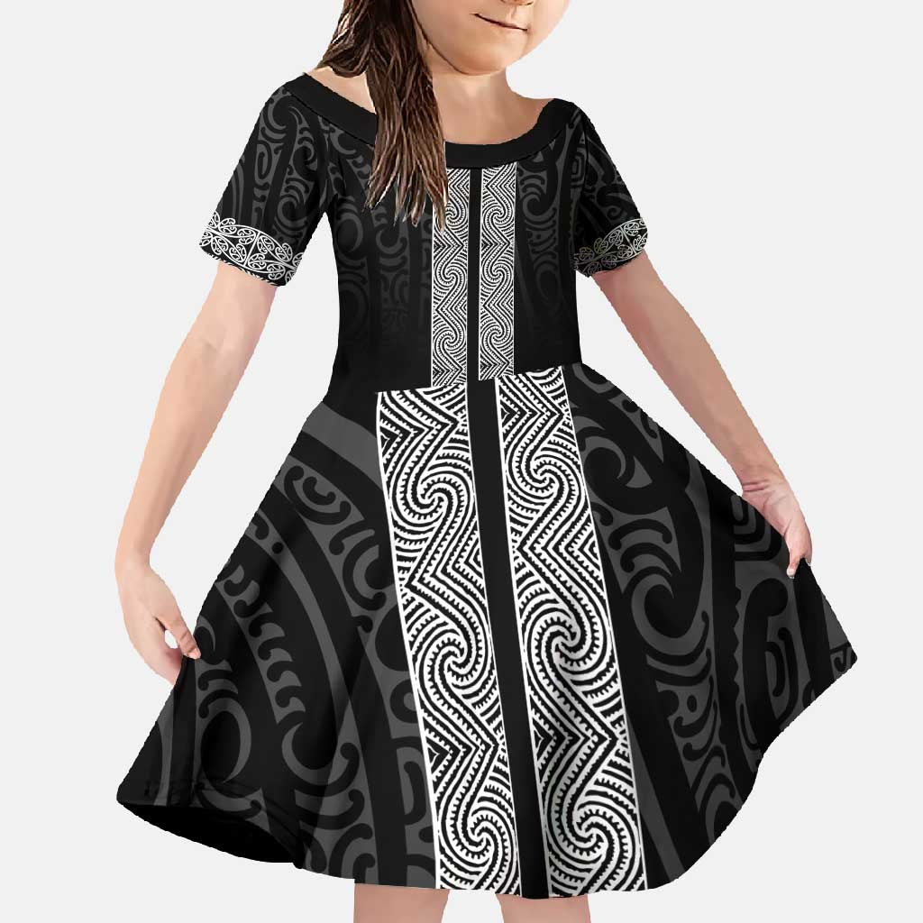 New Zealand Maori Kowhaiwhai Family Matching Long Sleeve Bodycon Dress and Hawaiian Shirt Pango Maui and Mangopare LT9 Daughter's Dress Black - Polynesian Pride