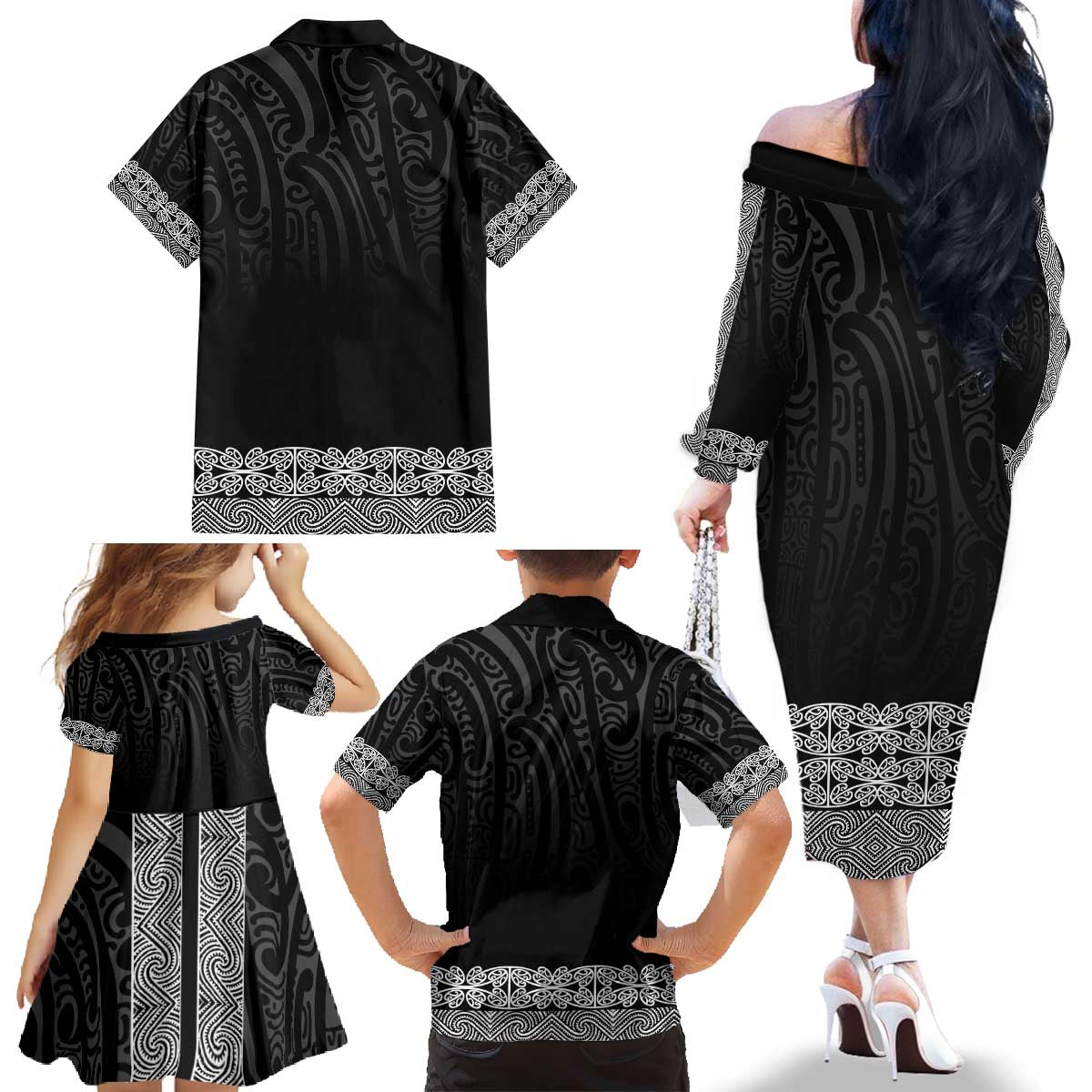New Zealand Maori Kowhaiwhai Family Matching Off The Shoulder Long Sleeve Dress and Hawaiian Shirt Pango Maui and Mangopare LT9 - Polynesian Pride