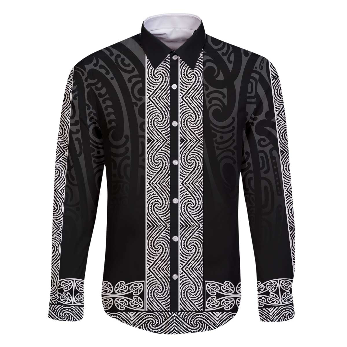 New Zealand Maori Kowhaiwhai Family Matching Off The Shoulder Long Sleeve Dress and Hawaiian Shirt Pango Maui and Mangopare LT9 Dad's Shirt - Long Sleeve Black - Polynesian Pride