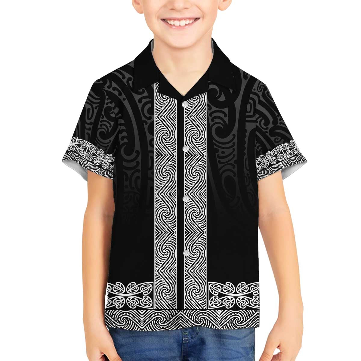 New Zealand Maori Kowhaiwhai Family Matching Off The Shoulder Long Sleeve Dress and Hawaiian Shirt Pango Maui and Mangopare LT9 Son's Shirt Black - Polynesian Pride