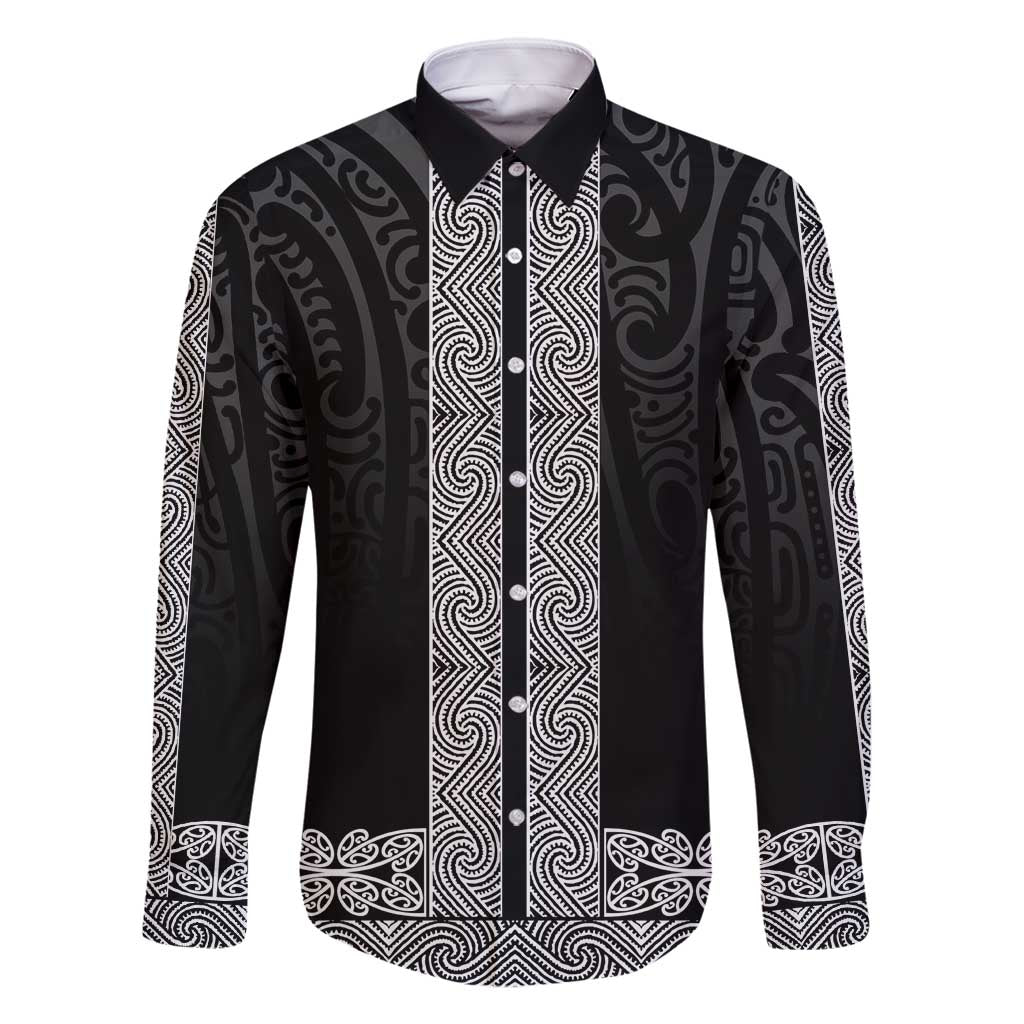 New Zealand Maori Kowhaiwhai Family Matching Off Shoulder Maxi Dress and Hawaiian Shirt Pango Maui and Mangopare LT9 Dad's Shirt - Long Sleeve Black - Polynesian Pride