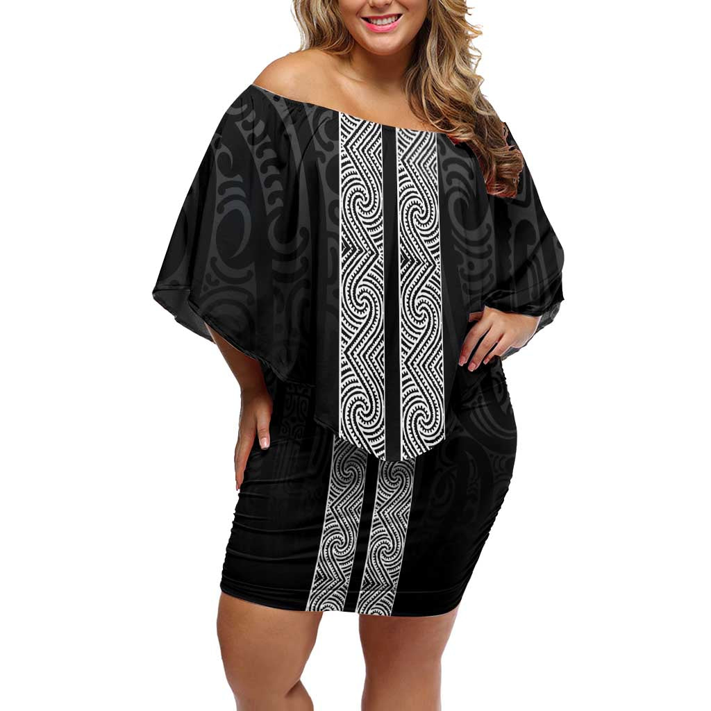 New Zealand Maori Kowhaiwhai Family Matching Off Shoulder Short Dress and Hawaiian Shirt Pango Maui and Mangopare LT9 Mom's Dress Black - Polynesian Pride