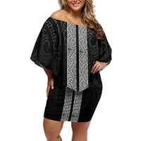 New Zealand Maori Kowhaiwhai Family Matching Off Shoulder Short Dress and Hawaiian Shirt Pango Maui and Mangopare LT9 Mom's Dress Black - Polynesian Pride