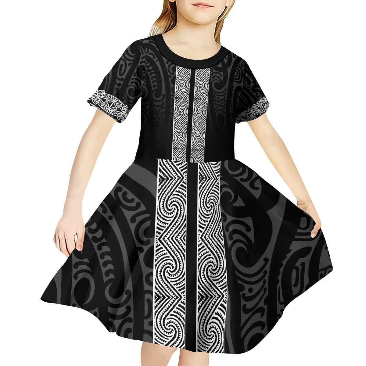New Zealand Maori Kowhaiwhai Kid Short Sleeve Dress Pango Maui and Mangopare LT9 - Polynesian Pride