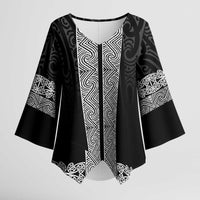 New Zealand Maori Kowhaiwhai Kimono Sleeve Blouse Pango Maui and Mangopare LT9 Female Black - Polynesian Pride