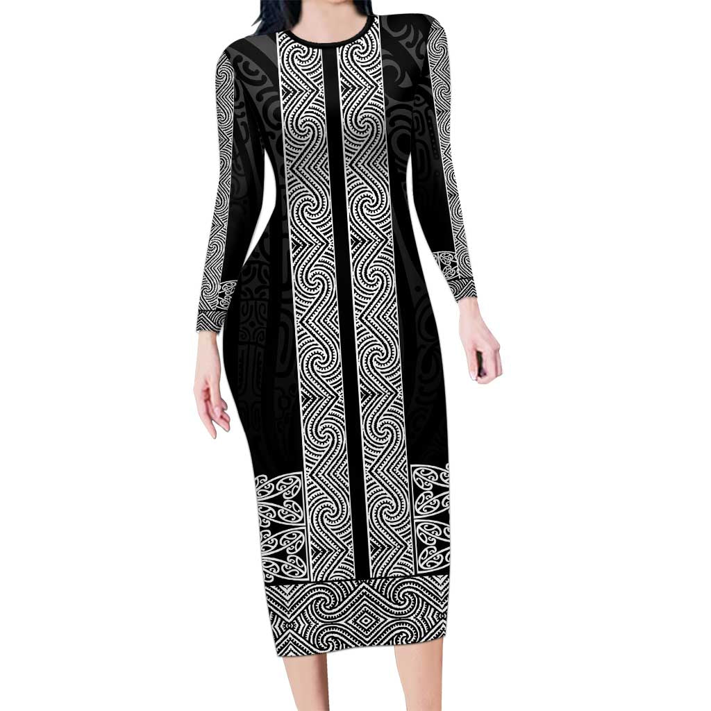New Zealand Maori Kowhaiwhai Long Sleeve Bodycon Dress Pango Maui and Mangopare LT9 Long Dress Black - Polynesian Pride