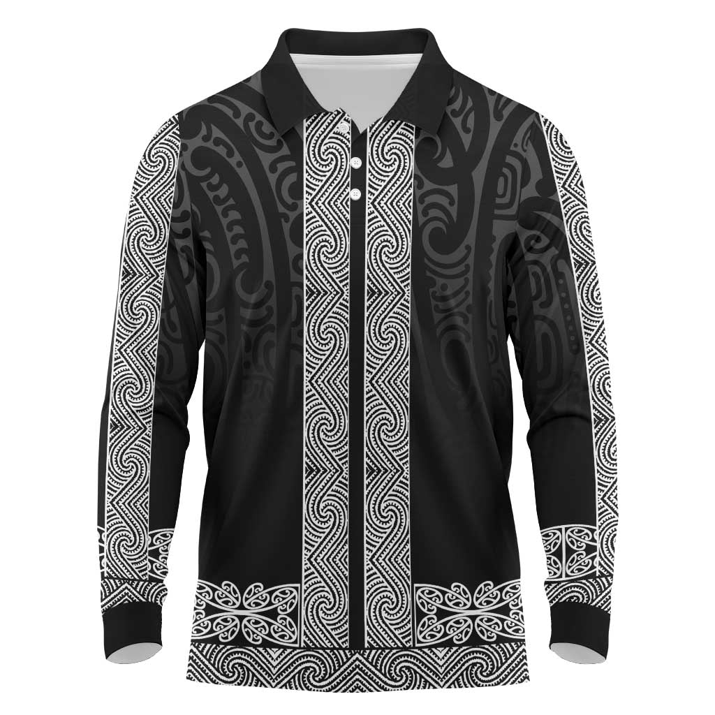 New Zealand Maori Kowhaiwhai Long Sleeve Polo Shirt Pango Maui and Mangopare LT9 Black - Polynesian Pride