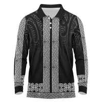New Zealand Maori Kowhaiwhai Long Sleeve Polo Shirt Pango Maui and Mangopare LT9 Black - Polynesian Pride