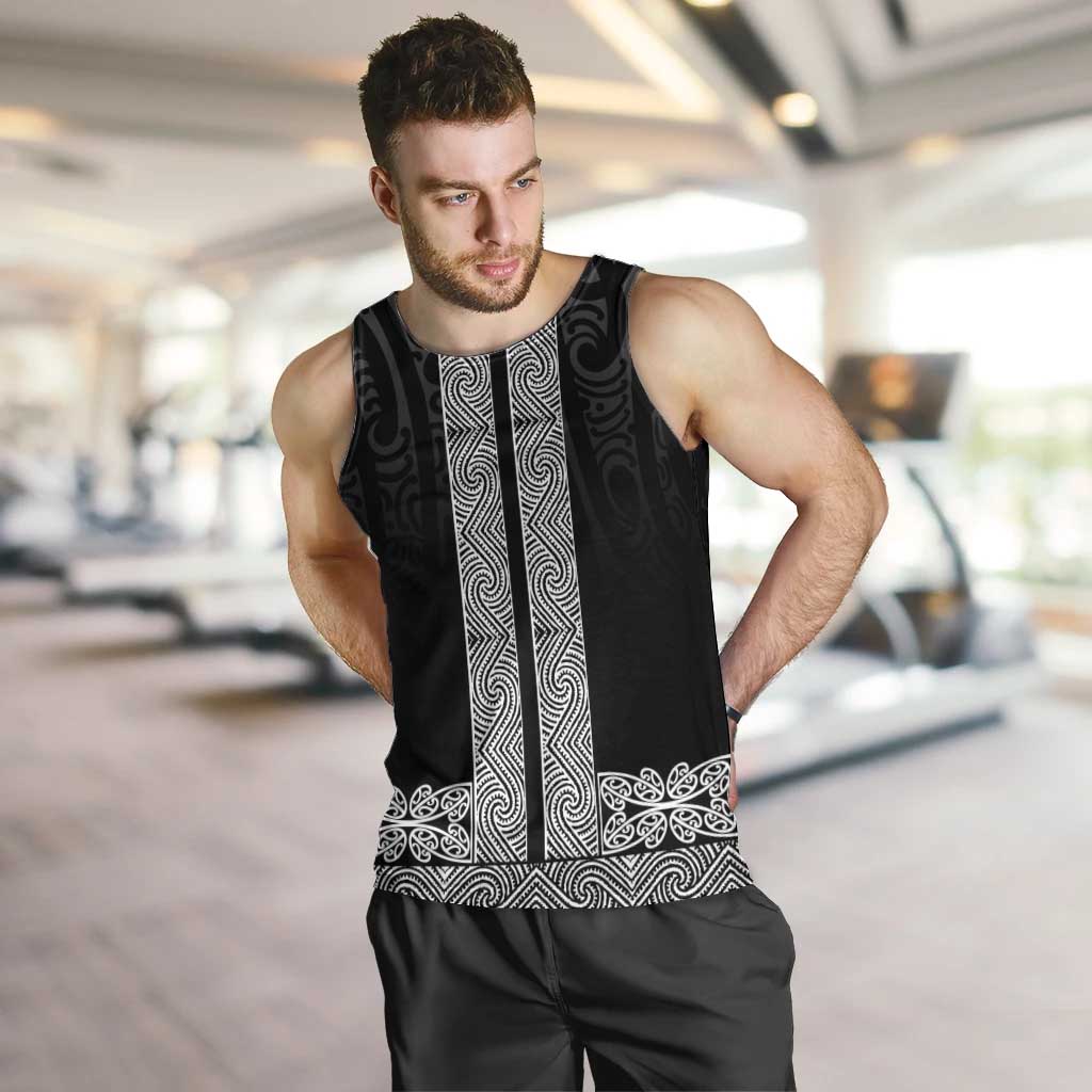 New Zealand Maori Kowhaiwhai Men Tank Top Pango Maui and Mangopare LT9 Black - Polynesian Pride