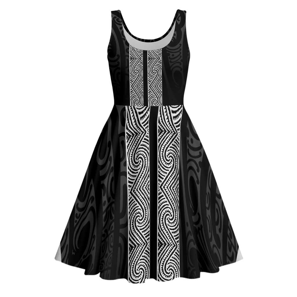 New Zealand Maori Kowhaiwhai Midi Dress Pango Maui and Mangopare LT9 Black - Polynesian Pride
