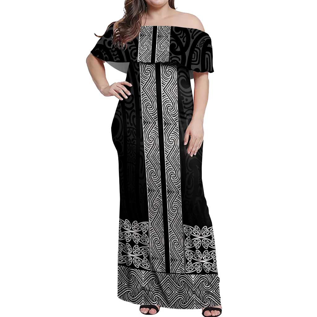 New Zealand Maori Kowhaiwhai Off Shoulder Maxi Dress Pango Maui and Mangopare LT9 Women Black - Polynesian Pride