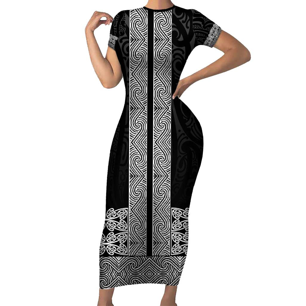 New Zealand Maori Kowhaiwhai Short Sleeve Bodycon Dress Pango Maui and Mangopare LT9 Long Dress Black - Polynesian Pride