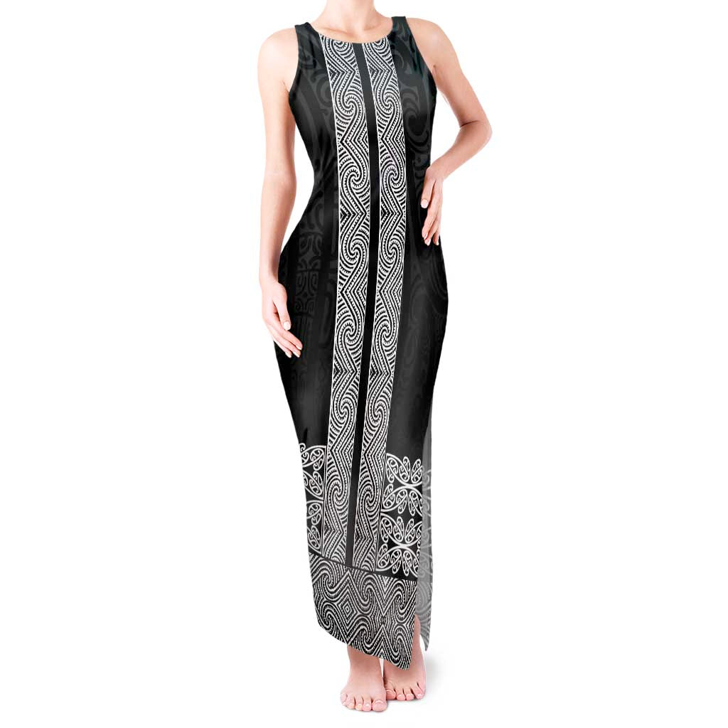 New Zealand Maori Kowhaiwhai Tank Maxi Dress Pango Maui and Mangopare LT9 Women Black - Polynesian Pride