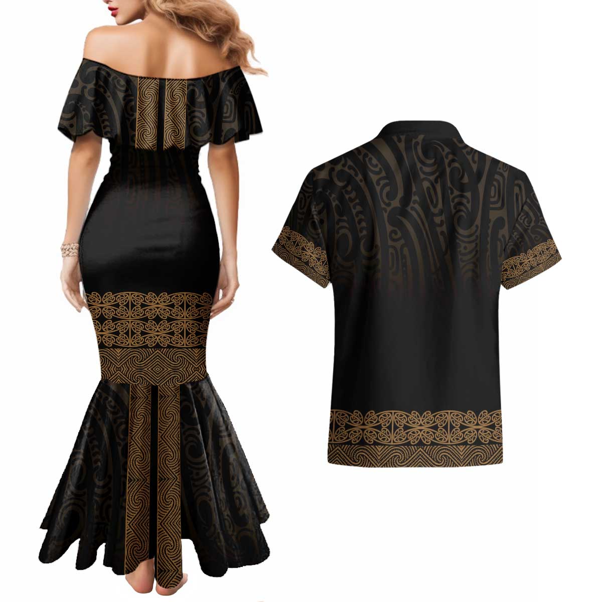 New Zealand Maori Kowhaiwhai Couples Matching Mermaid Dress and Hawaiian Shirt Parauri Maui and Mangopare LT9 - Polynesian Pride