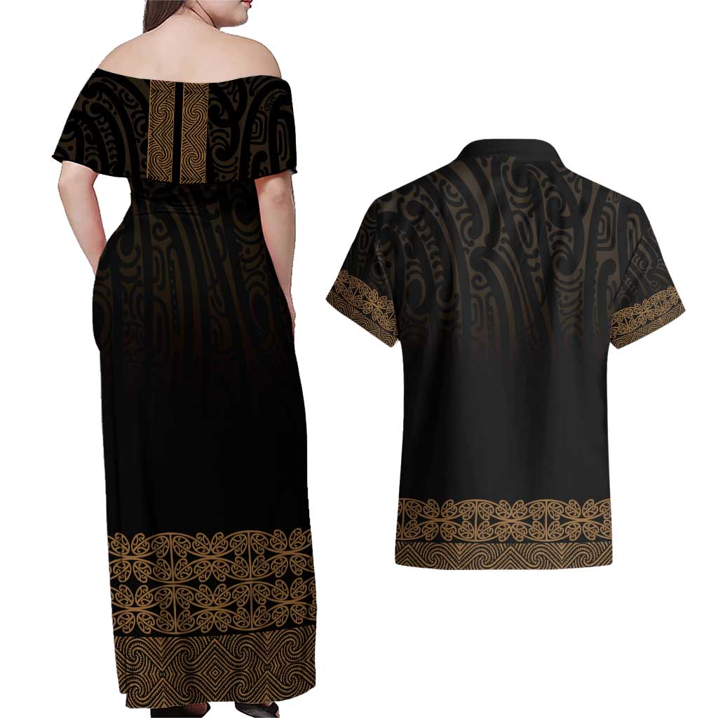 New Zealand Maori Kowhaiwhai Couples Matching Off Shoulder Maxi Dress and Hawaiian Shirt Parauri Maui and Mangopare LT9 - Polynesian Pride