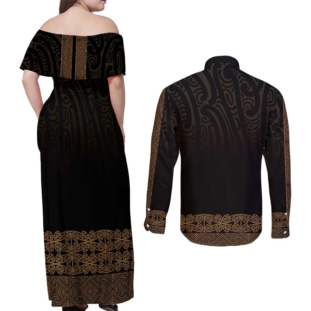New Zealand Maori Kowhaiwhai Couples Matching Off Shoulder Maxi Dress and Long Sleeve Button Shirt Parauri Maui and Mangopare LT9 - Polynesian Pride