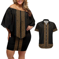 New Zealand Maori Kowhaiwhai Couples Matching Off Shoulder Short Dress and Hawaiian Shirt Parauri Maui and Mangopare LT9 Brown - Polynesian Pride