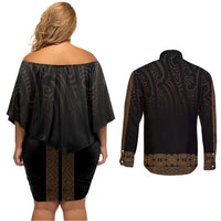 New Zealand Maori Kowhaiwhai Couples Matching Off Shoulder Short Dress and Long Sleeve Button Shirt Parauri Maui and Mangopare LT9 - Polynesian Pride