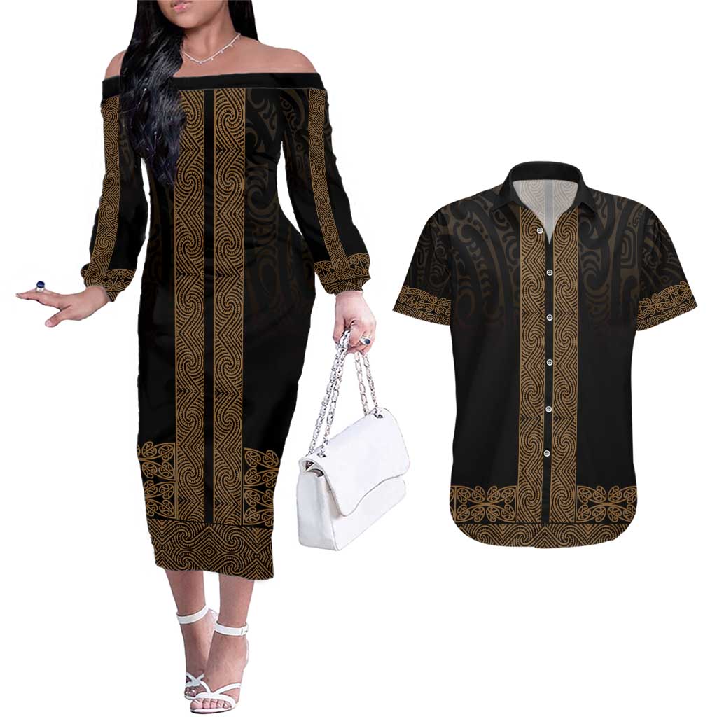 New Zealand Maori Kowhaiwhai Couples Matching Off The Shoulder Long Sleeve Dress and Hawaiian Shirt Parauri Maui and Mangopare LT9 Brown - Polynesian Pride