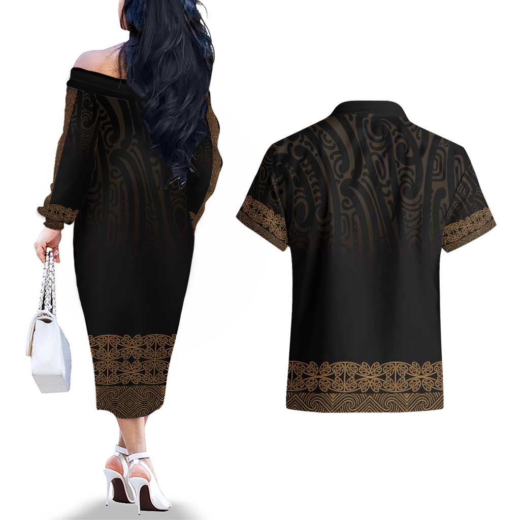 New Zealand Maori Kowhaiwhai Couples Matching Off The Shoulder Long Sleeve Dress and Hawaiian Shirt Parauri Maui and Mangopare LT9 - Polynesian Pride