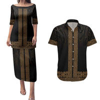 New Zealand Maori Kowhaiwhai Couples Matching Puletasi and Hawaiian Shirt Parauri Maui and Mangopare LT9 Brown - Polynesian Pride