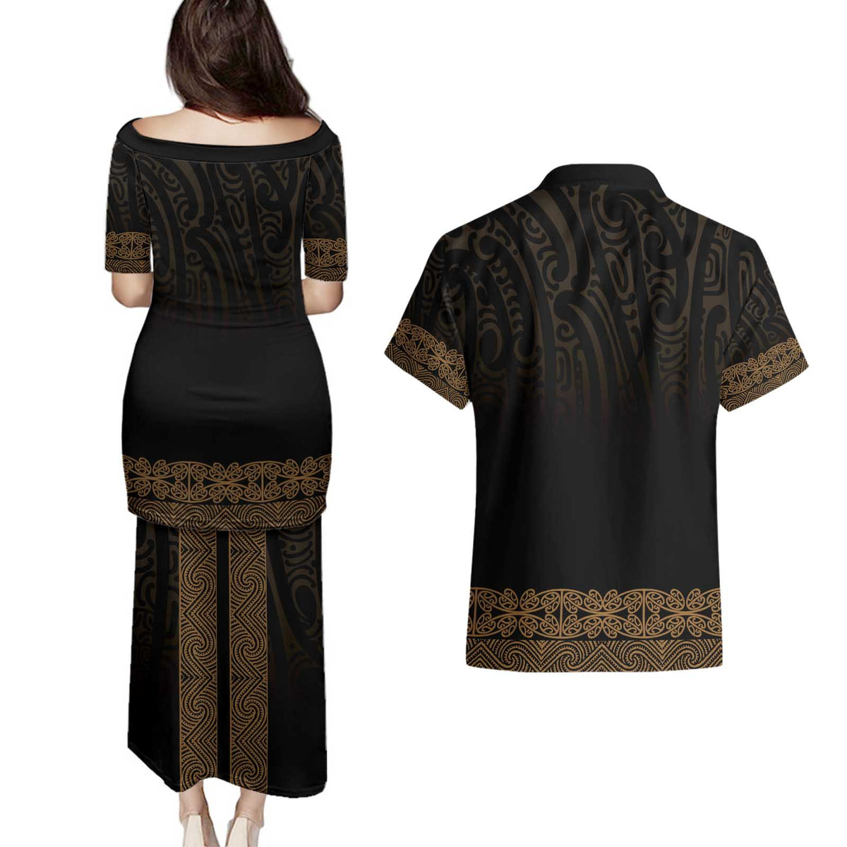 New Zealand Maori Kowhaiwhai Couples Matching Puletasi and Hawaiian Shirt Parauri Maui and Mangopare LT9 - Polynesian Pride