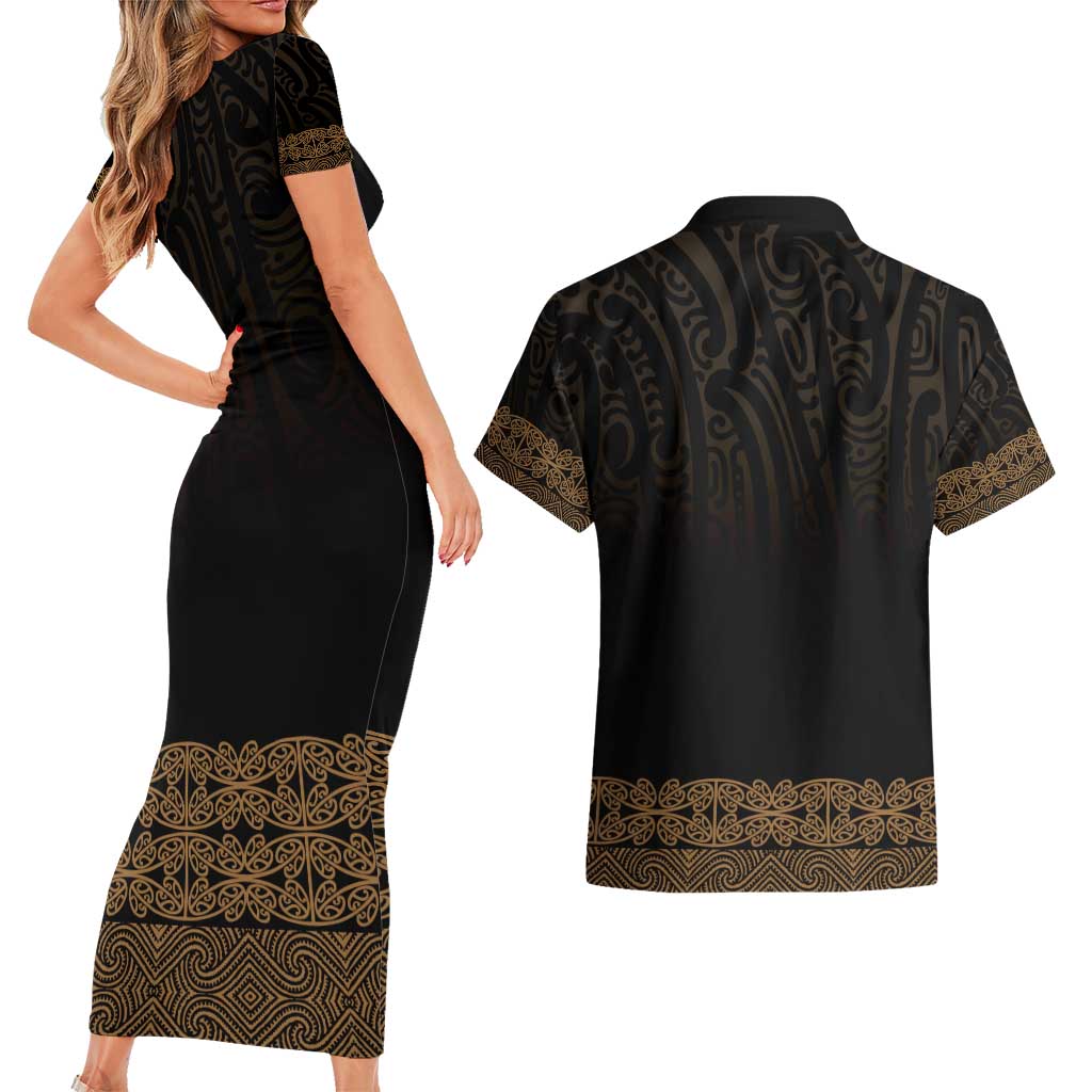 New Zealand Maori Kowhaiwhai Couples Matching Short Sleeve Bodycon Dress and Hawaiian Shirt Parauri Maui and Mangopare LT9 - Polynesian Pride