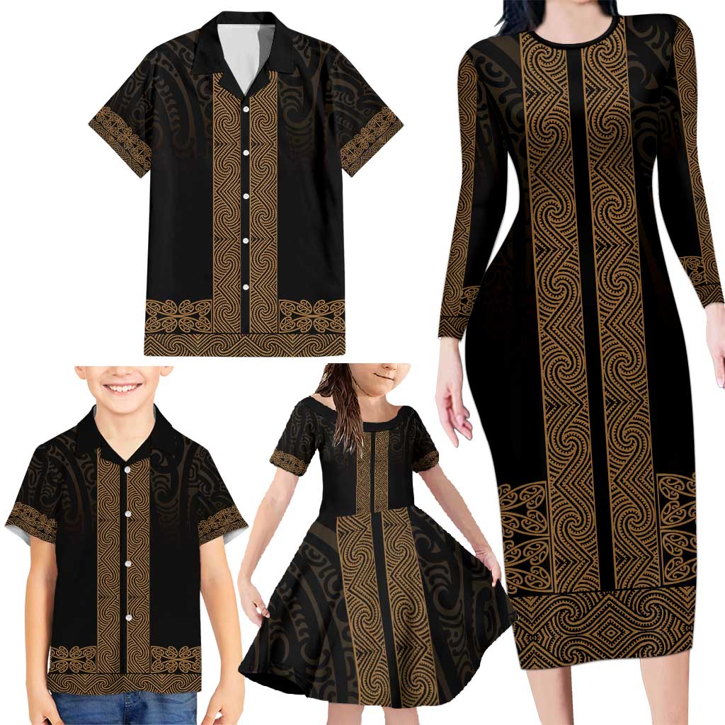 New Zealand Maori Kowhaiwhai Family Matching Long Sleeve Bodycon Dress and Hawaiian Shirt Parauri Maui and Mangopare LT9 - Polynesian Pride