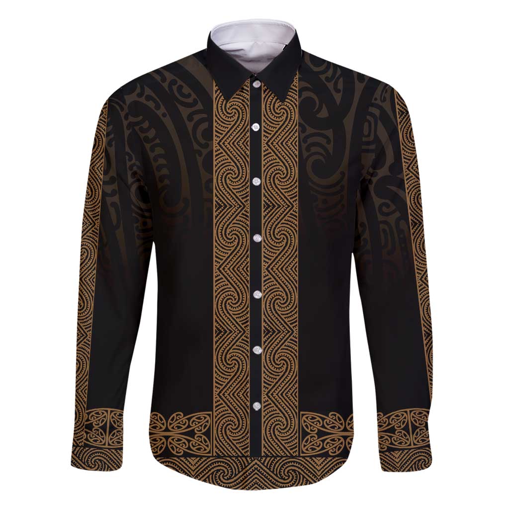 New Zealand Maori Kowhaiwhai Family Matching Off Shoulder Maxi Dress and Hawaiian Shirt Parauri Maui and Mangopare LT9 Dad's Shirt - Long Sleeve Brown - Polynesian Pride